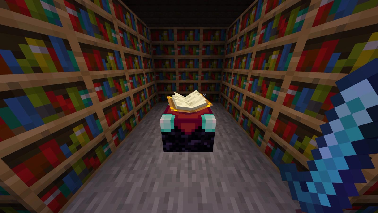A book sits on a plinth in Minecraft