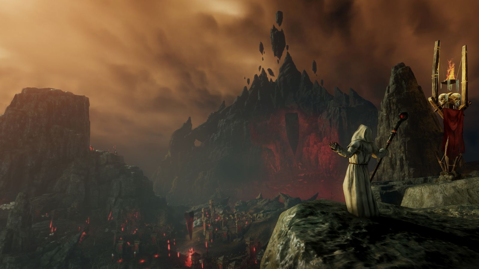 Cultist looking over a shattered mountain-scape