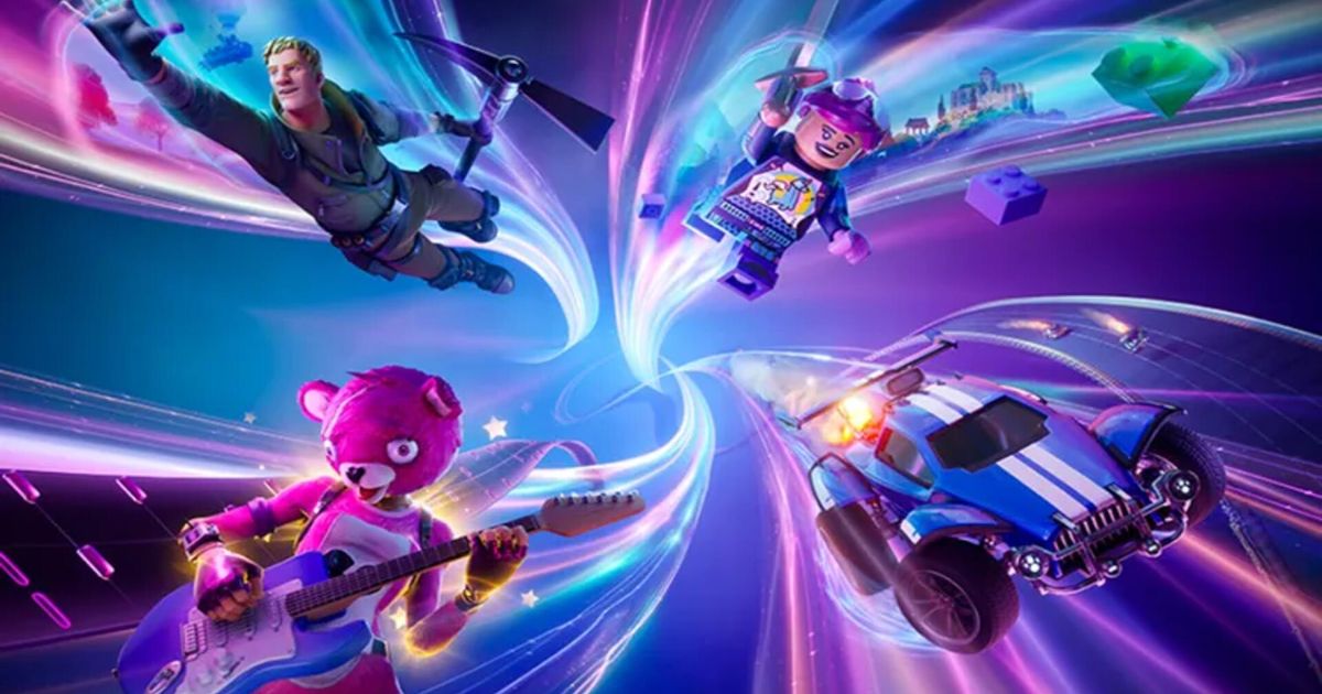 Four Fortnite characters gliding through