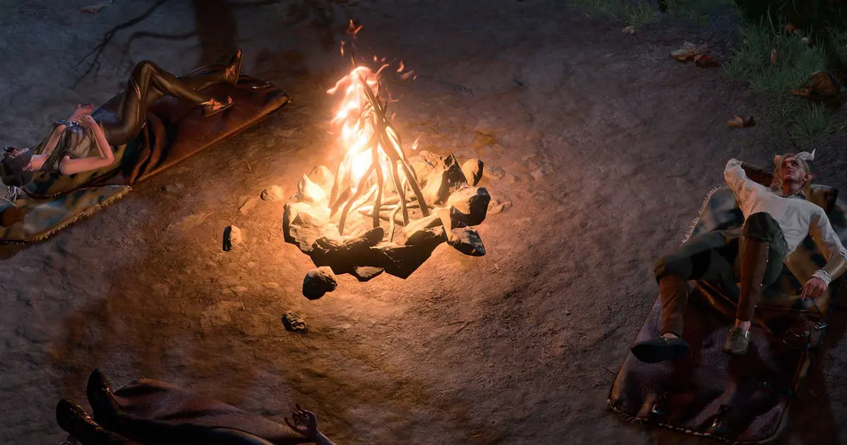 Two characters sleeping by a fire at a Baldur's Gate 3 camp.