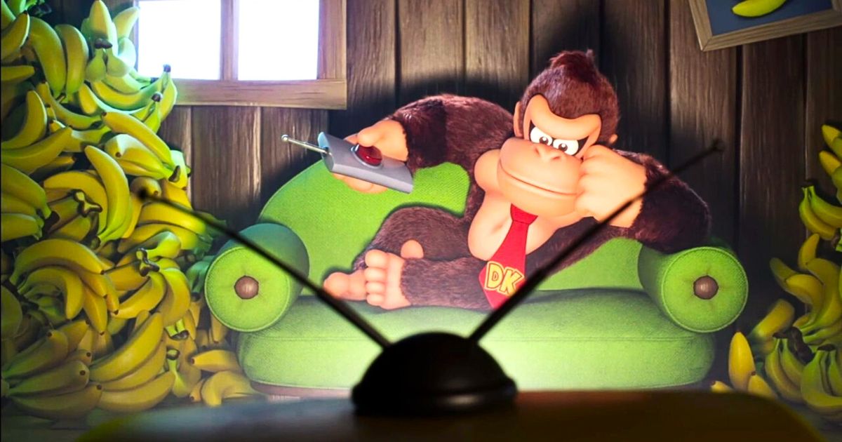 Donkey Kong watching tv surrounded by bananas