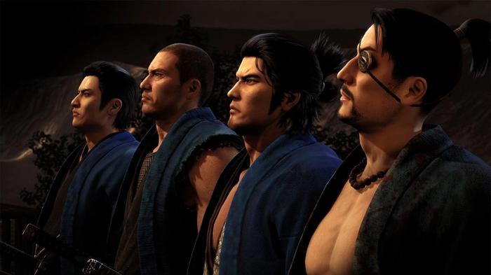 Multiple characters are standing in Like a Dragon: Ishin.