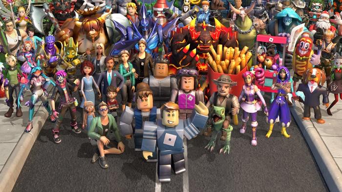 A lineup of Roblox characters in a street.