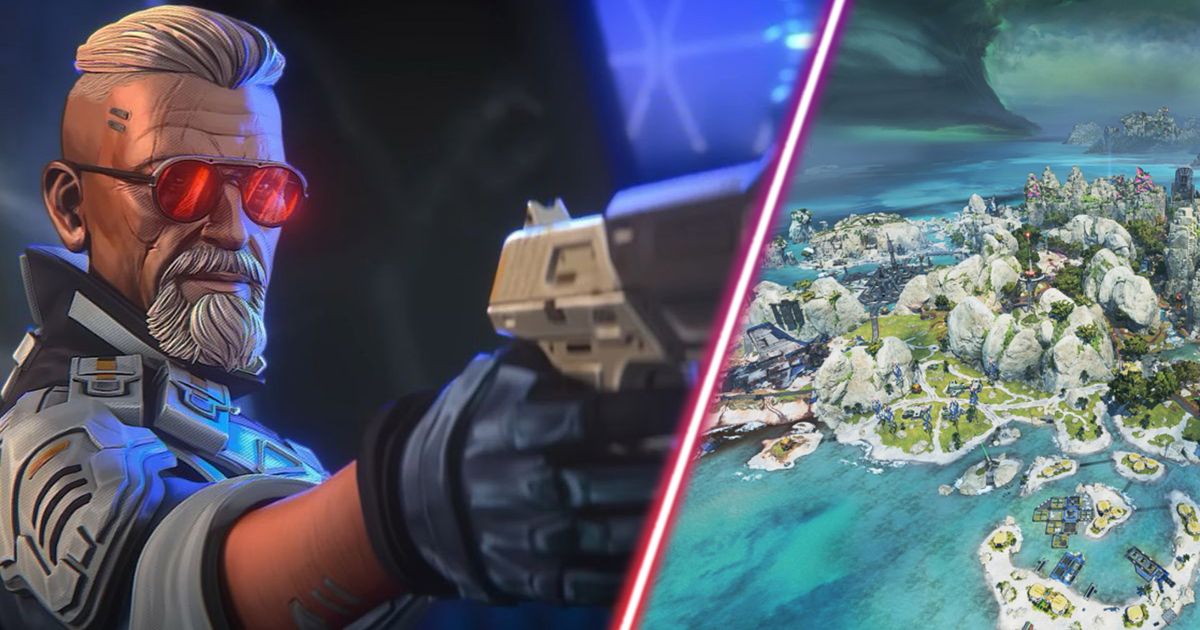 Screenshot of Apex Legends Ballistic holding pistol and view of Apex Legends Storm Point map