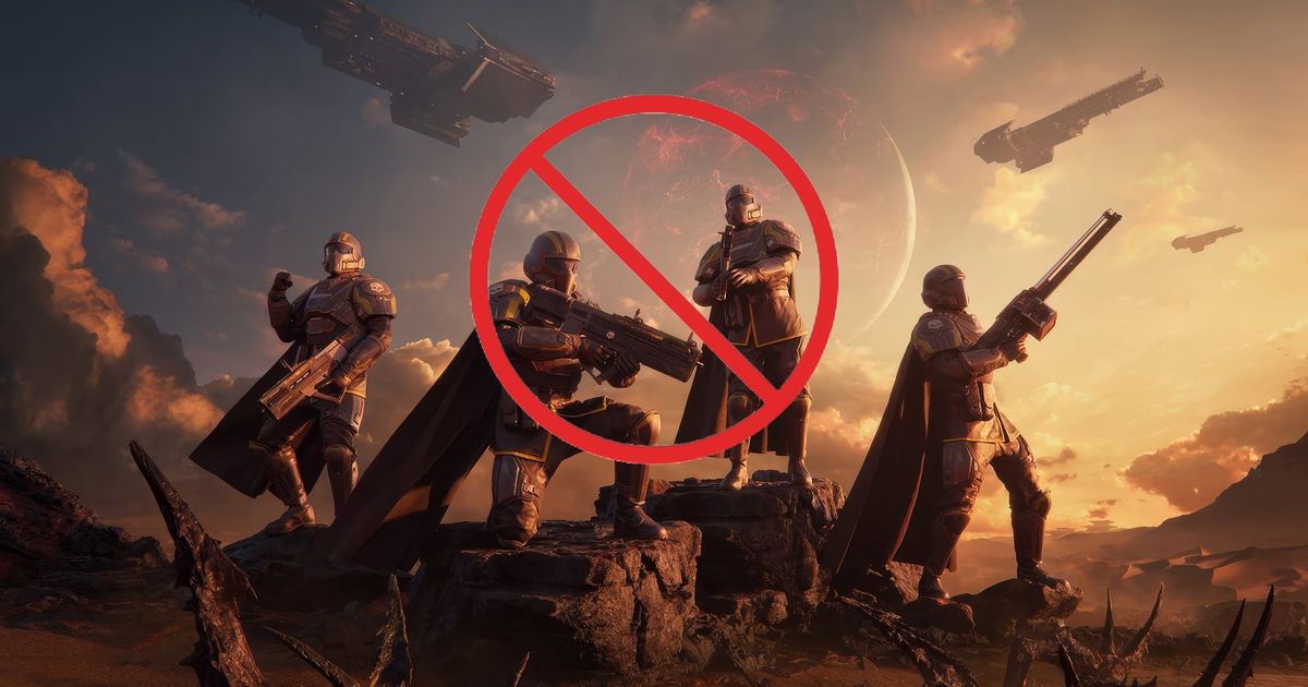 helldivers 2 helldivers posing with a red not allowed symbol around them