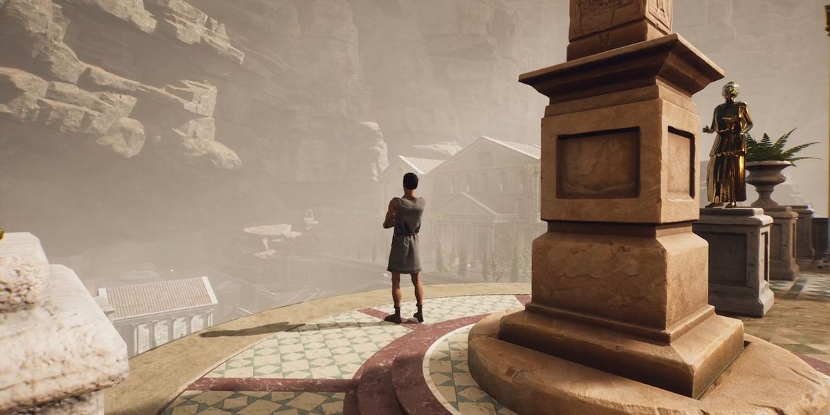 The Forgotten City. Ulpius is standing in front of the Bluff, looking out at the rest of the city. The Bluff is on the right of the image and Ulpius has his back to the viewer with his arms folded. He is on the left.