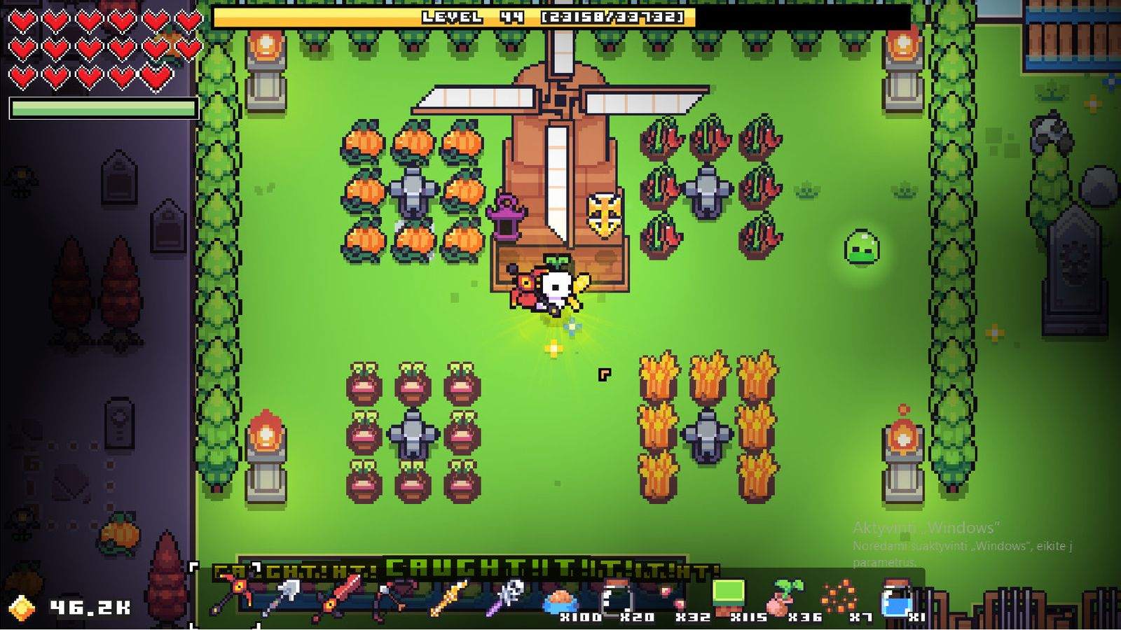 In-game image from Forager of a 2D grass landscape with a wooden windmill in the centre.