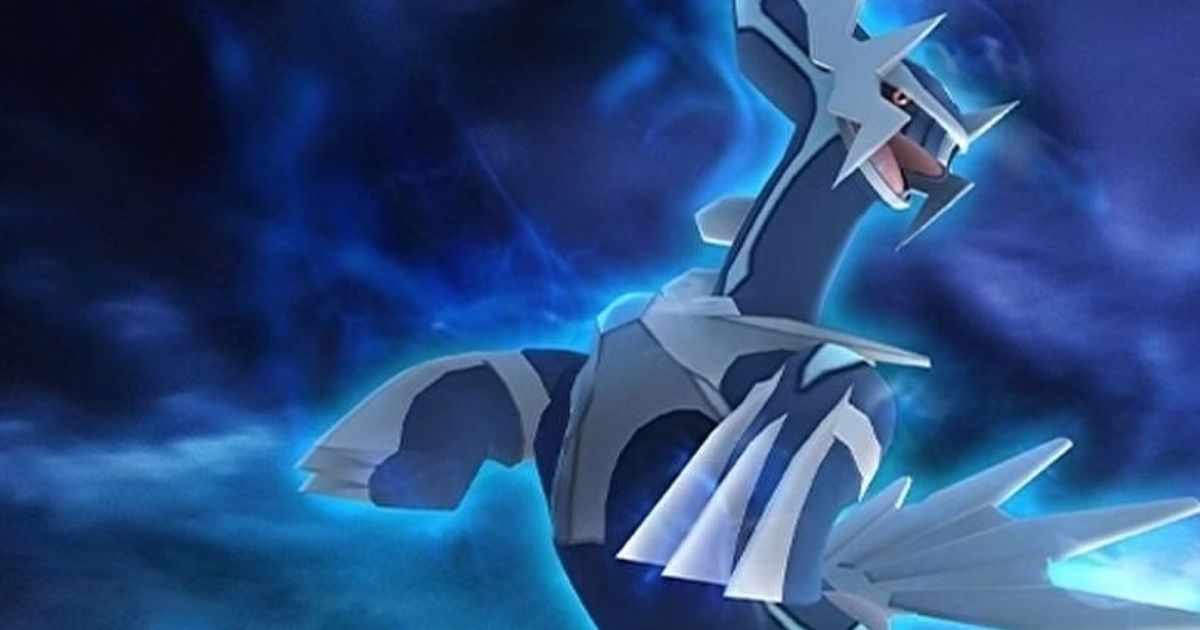 The Pokémon Go Dialga model flying through dark space 