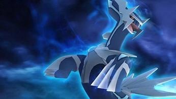 The Pokémon Go Dialga model flying through dark space 