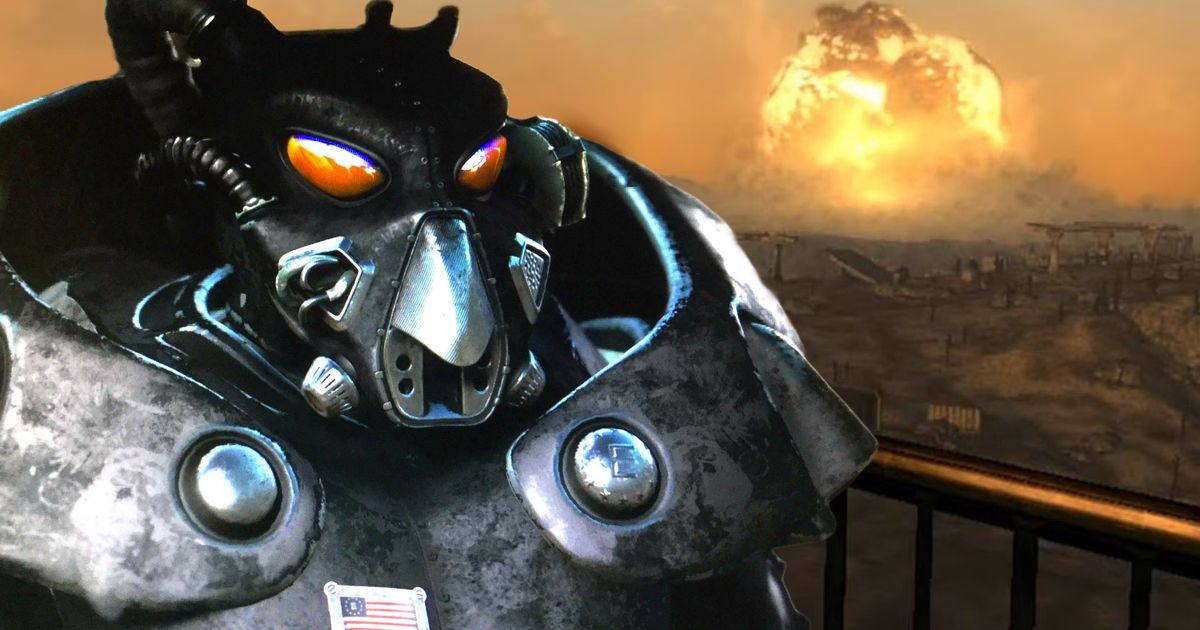 A Fallout Enclave Power Armor soldier standing over the explosion of Megaton 