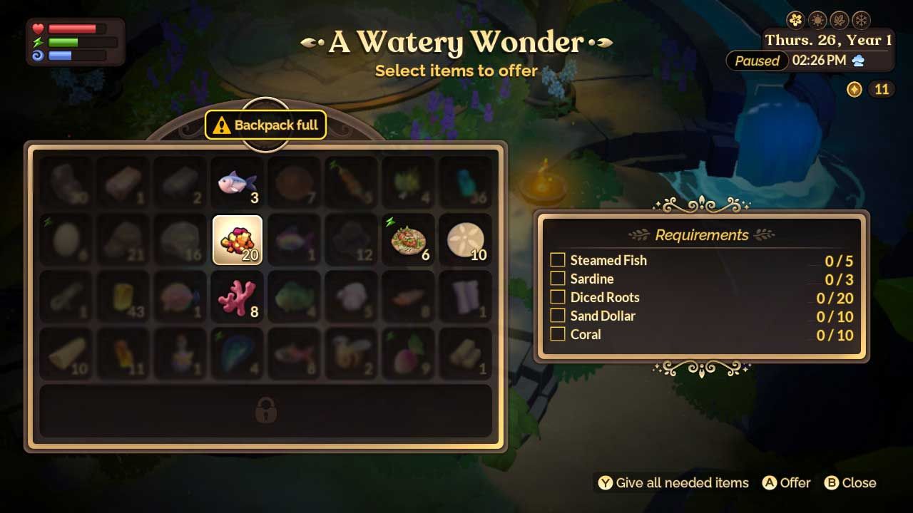 Handing all five requested ingredient to clear the Watery Wonder quest in Fae Farm.