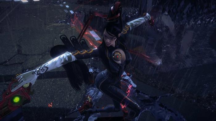 Bayonetta with two guns in combat