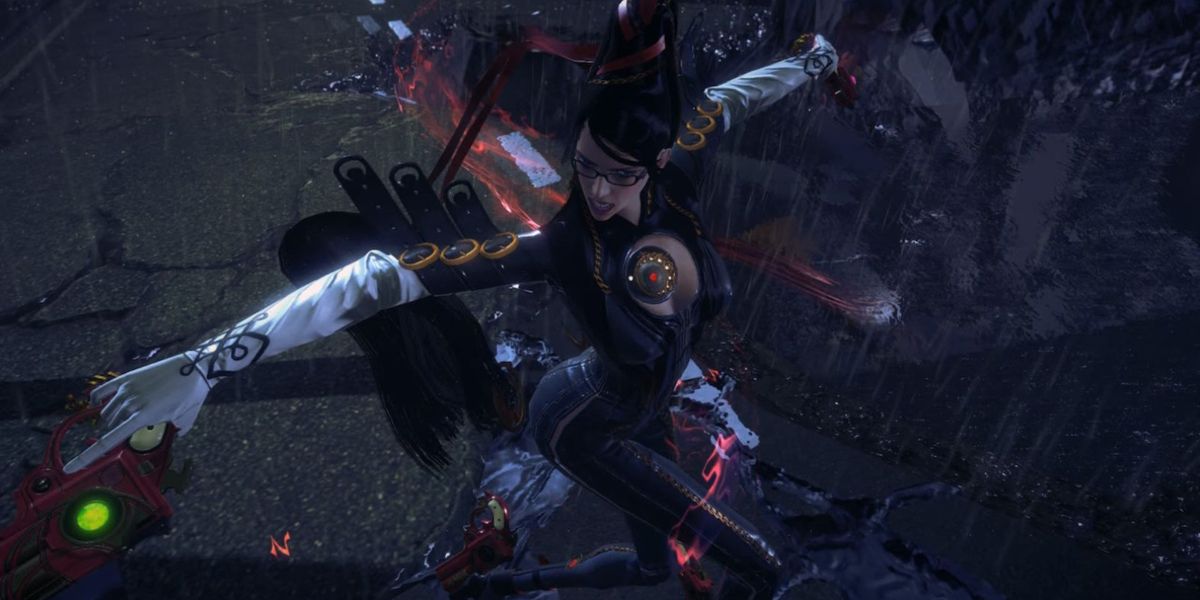 Bayonetta with two guns in combat