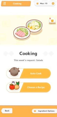 A screenshot of the auto cook and manual cooking feature in Pokemon Sleep. 