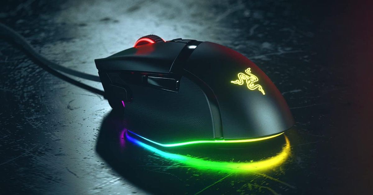 A black wired gaming mouse featuring RGB multicoloured lighting beneath and coming from the branding on top.