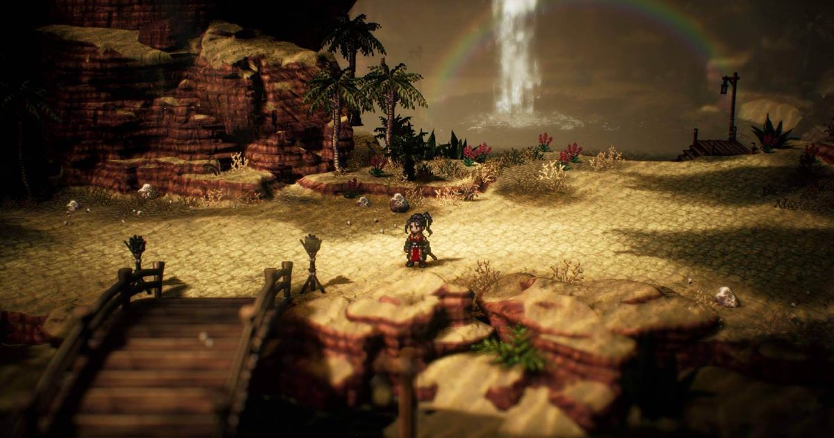 The cast of characters walking across a desert in Octopath Traveler 2.
