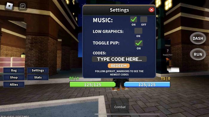 The code redemption screen in Fruit Warriors on Roblox.