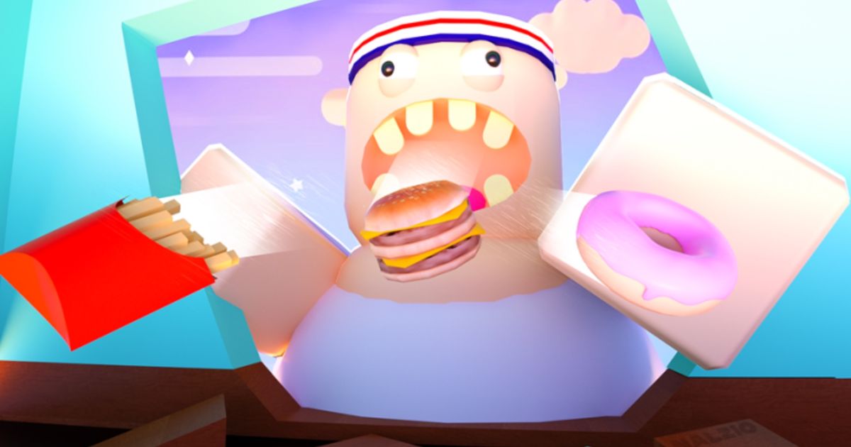 Roblox character eating fries and cake in Eating Simulator