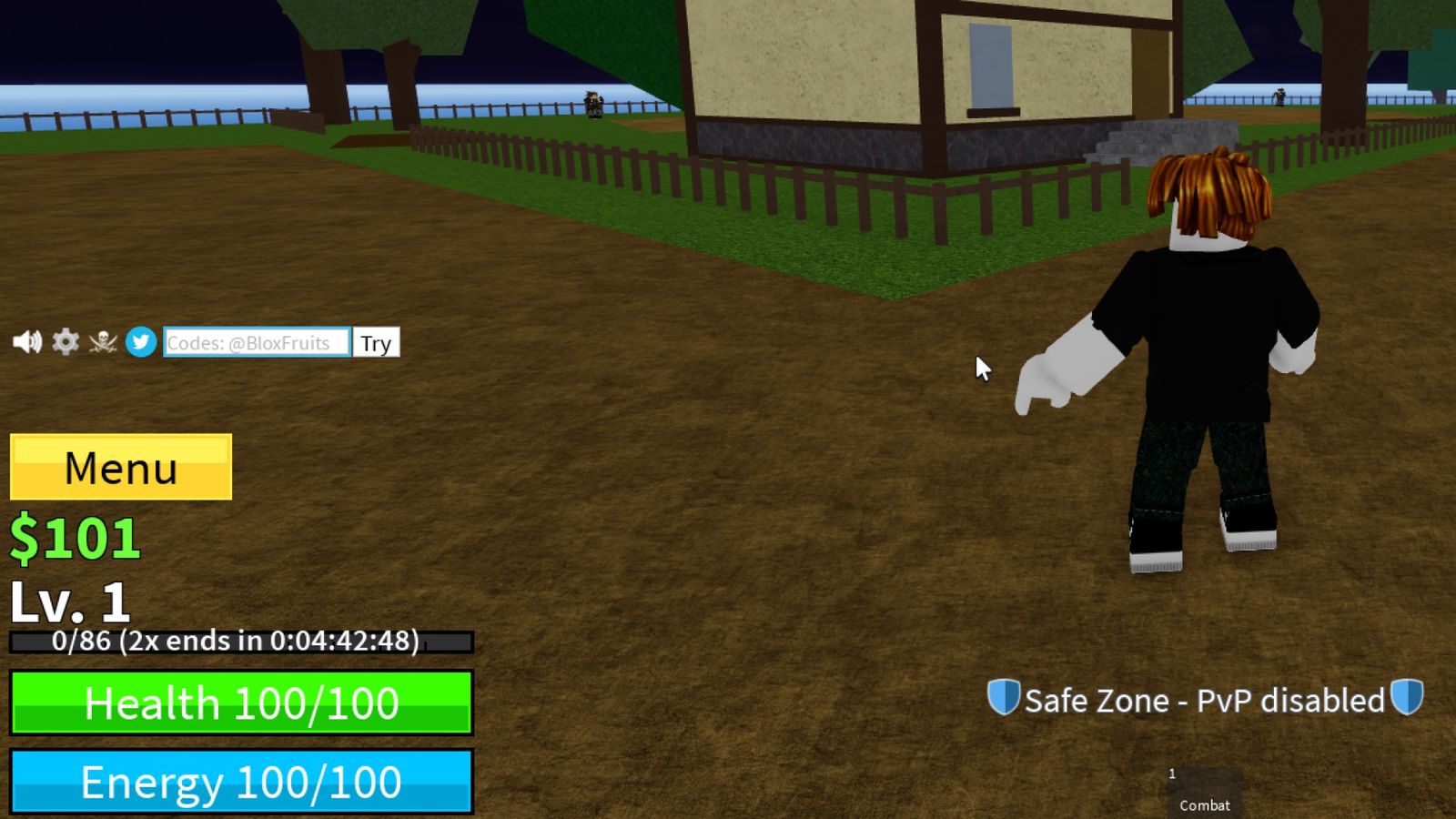 An in-game screenshot of Blox Fruits code redemption section and menu