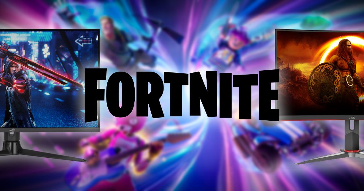 The Fortnite logo in black with cover art in the background and a monitor on either side.