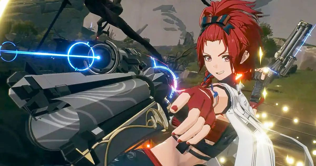 A feminine character from Wuthering Waves with red hair aiming a pistol towards the camera while smiling.