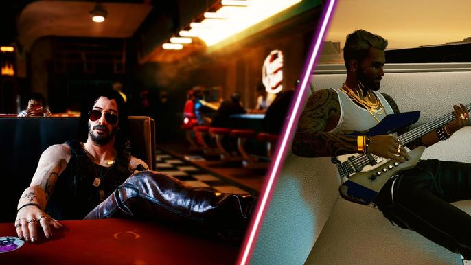 Some Cyberpunk 2077 characters sitting down.