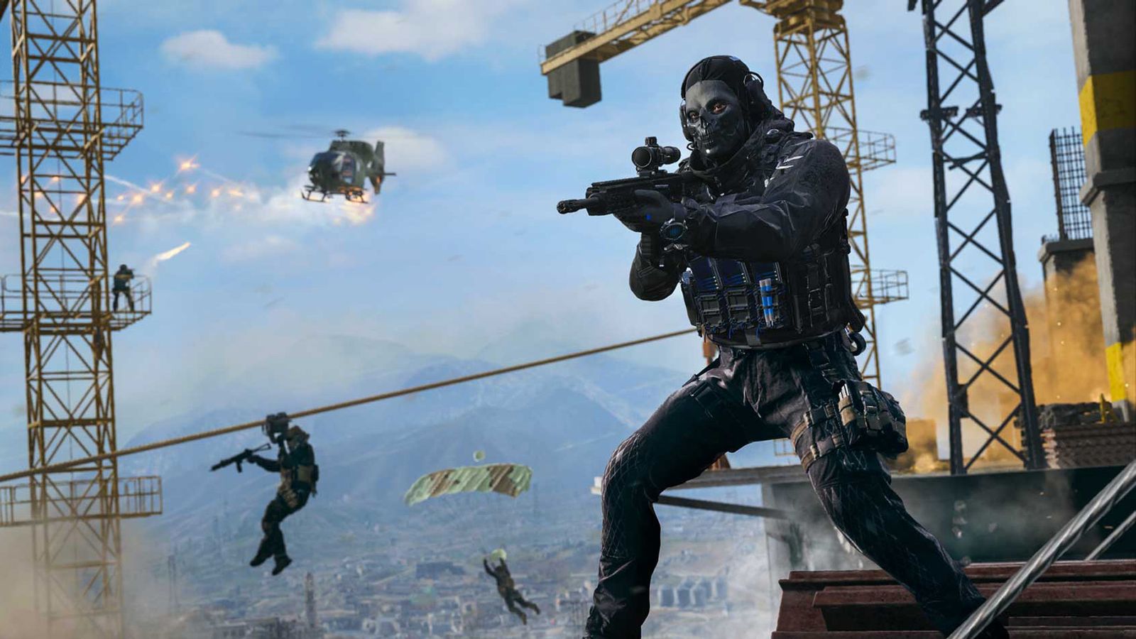 Warzone player aiming with sniper rifle with parachuting players, helicopter and player using zipline in background