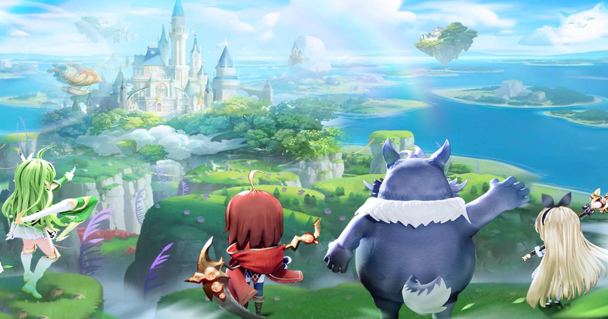 Screenshot from Rainbow Story, showing four characters looking upon a green vista