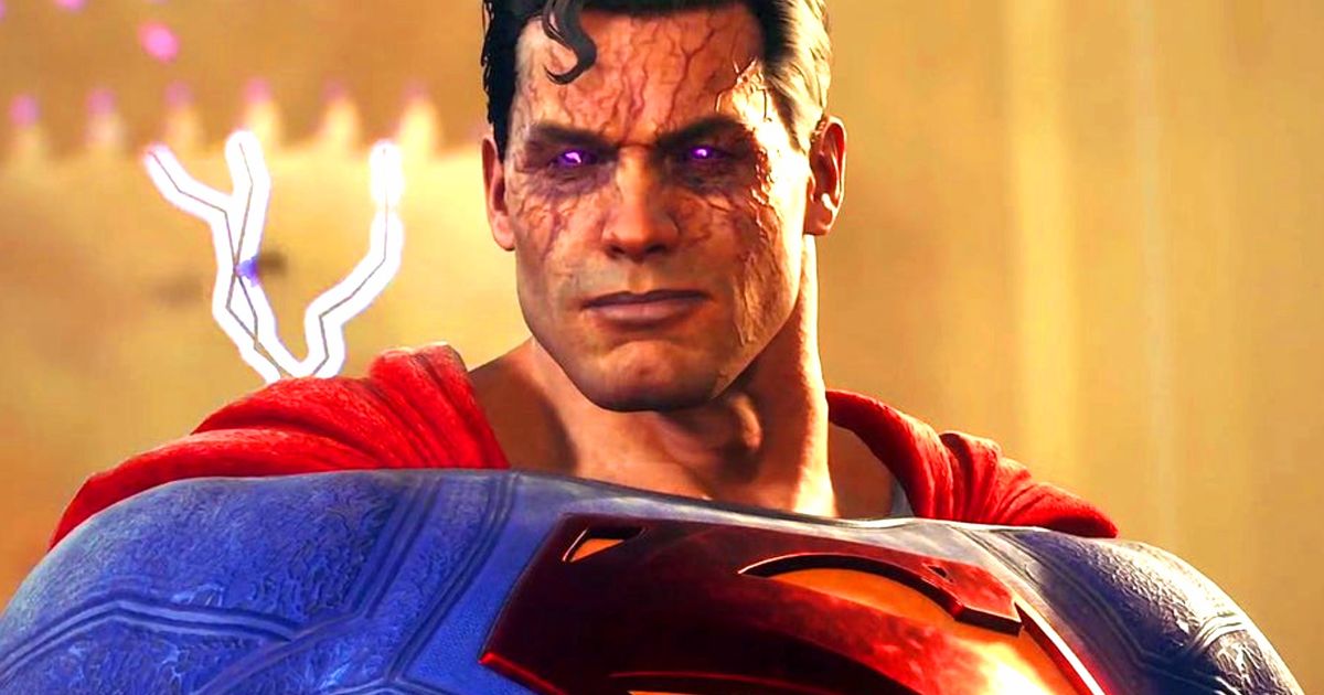Superman from Warner Bros’ Suicide Squad Kill the Justice League in a mid shot scowling 