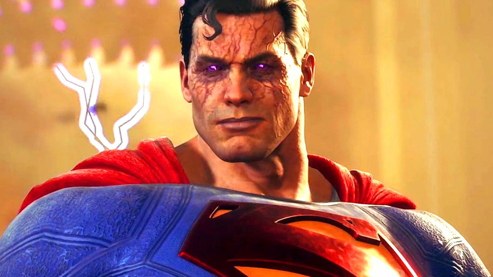 Superman from Warner Bros’ Suicide Squad Kill the Justice League in a mid shot scowling 