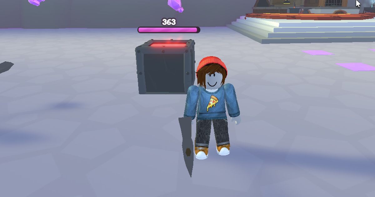 Screenshot from Manic Mining 2, showing a Roblox character armed with a pickaxe, about to break a rock