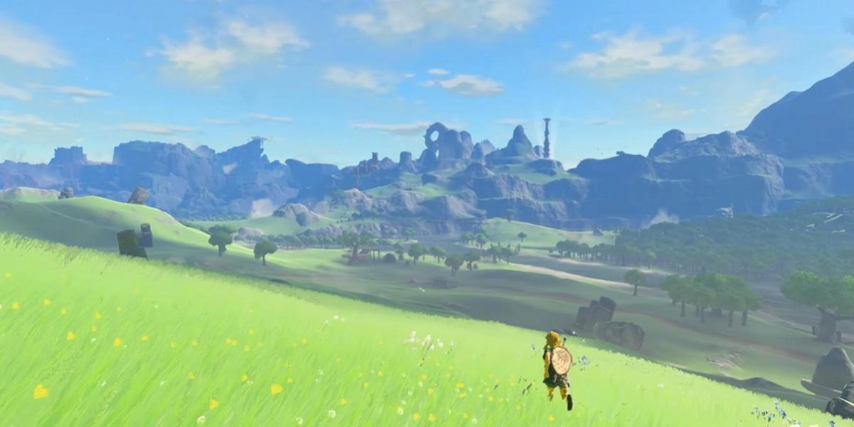 Screenshot showing Link in Zelda Tears of the Kingdom running across field with castle in the background