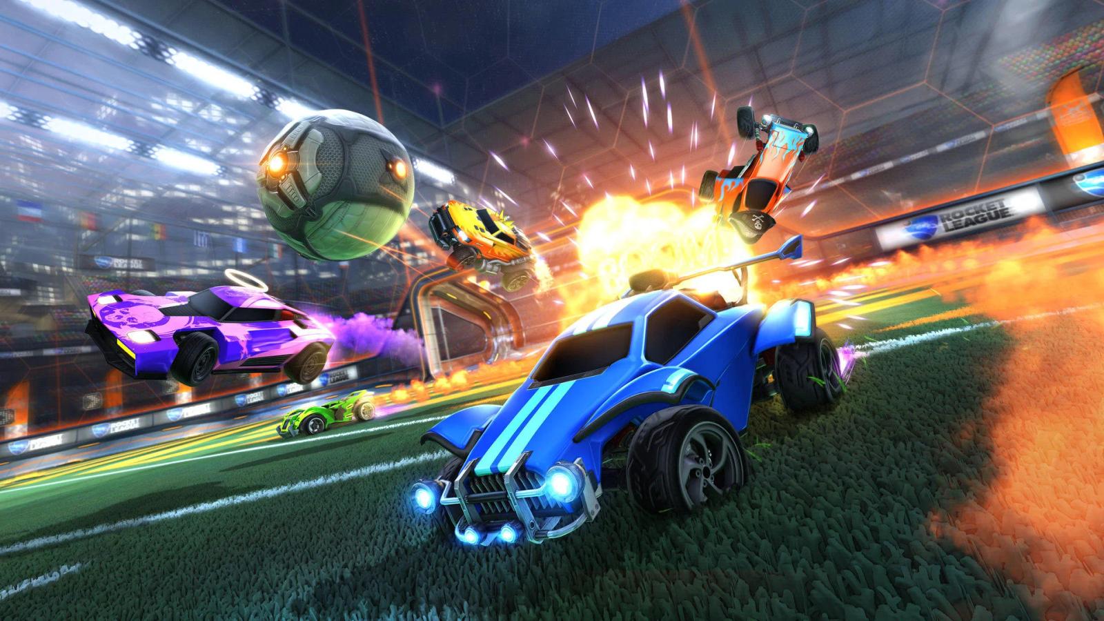 Image of two cars vying for the ball in Rocket League.