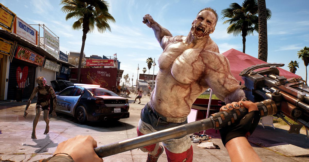 A first-person shot from Dead Island of someone holding a metal hammer attacking a zombie.