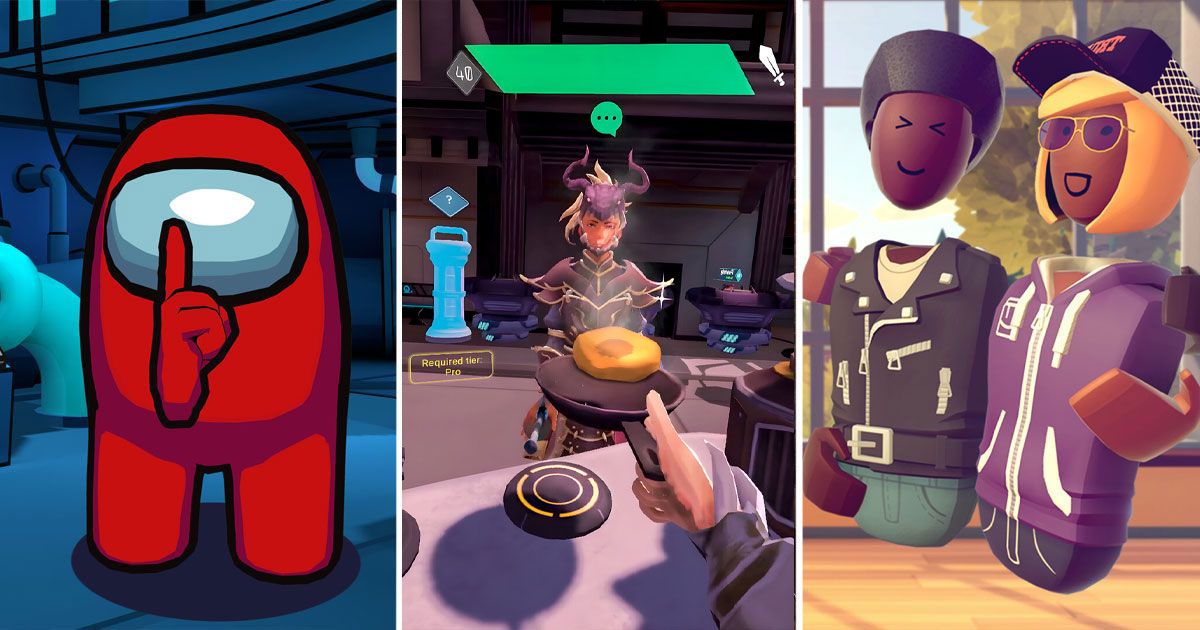 A red Among Us character next to a VR first-person shot from Zenith next to two characters from Rec Room.