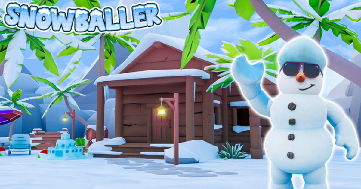 Artwork for Snowballer Simulator featuring a Snowman and a log cabin covered in snow.
