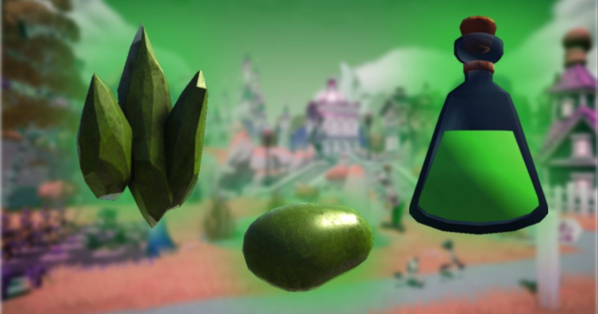 A green gem, potato, and potion in Disney Dreamlight Valley