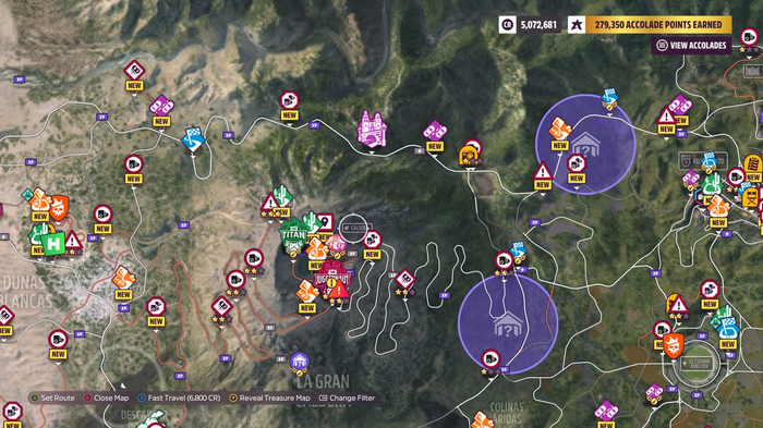 The location of La Gran Caldera volcano highlighted on the map for Forza Horizon 5