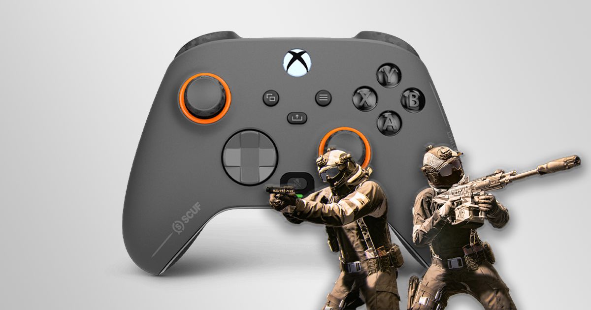 A gray SCUF Xbox controller featuring orange circles around the thumbsticks with two desert-dressed soliders in front of it.