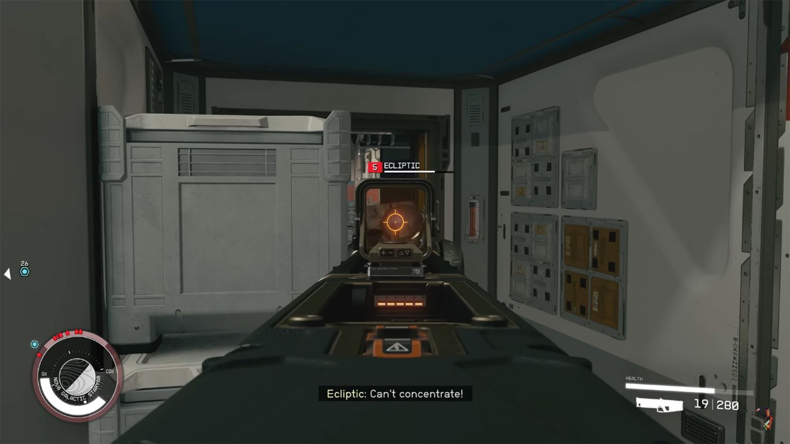 A screenshot of leaning while aiming in Starfield. 