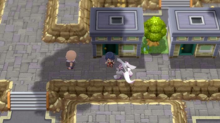 The home of the Pokémon Massage Woman in Veilstone City. A Pokémon Trainer and their Palkia are standing outside it in Pokémon Brilliant Diamond and Shining Pearl.