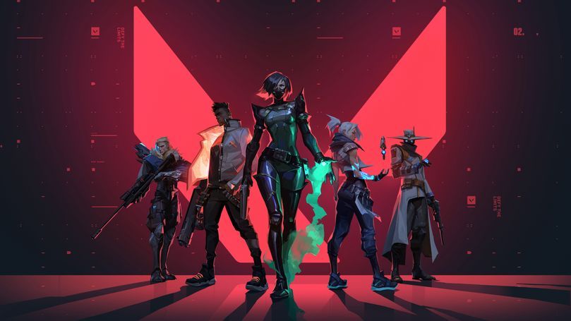 Valorant agents shown (from left to right) Sova, Pheonix, Viper, Jett, and Cypher.