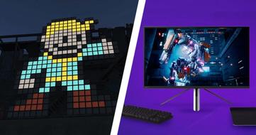 The Fallout Vault Boy made out of small square blocks on one side of a diagonal white line. On the other, a white and black near-frameless monitor in front of a purple backdrop.