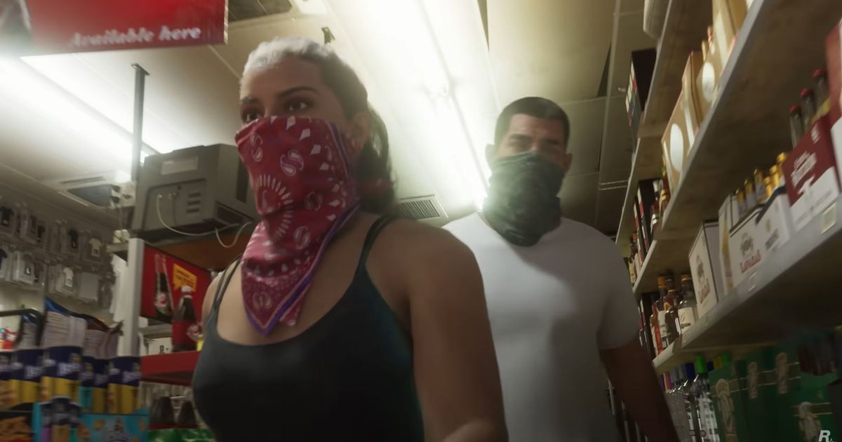 GTA 6 protagonist Lucia getting ready to rob a convenience store alongside her male companion