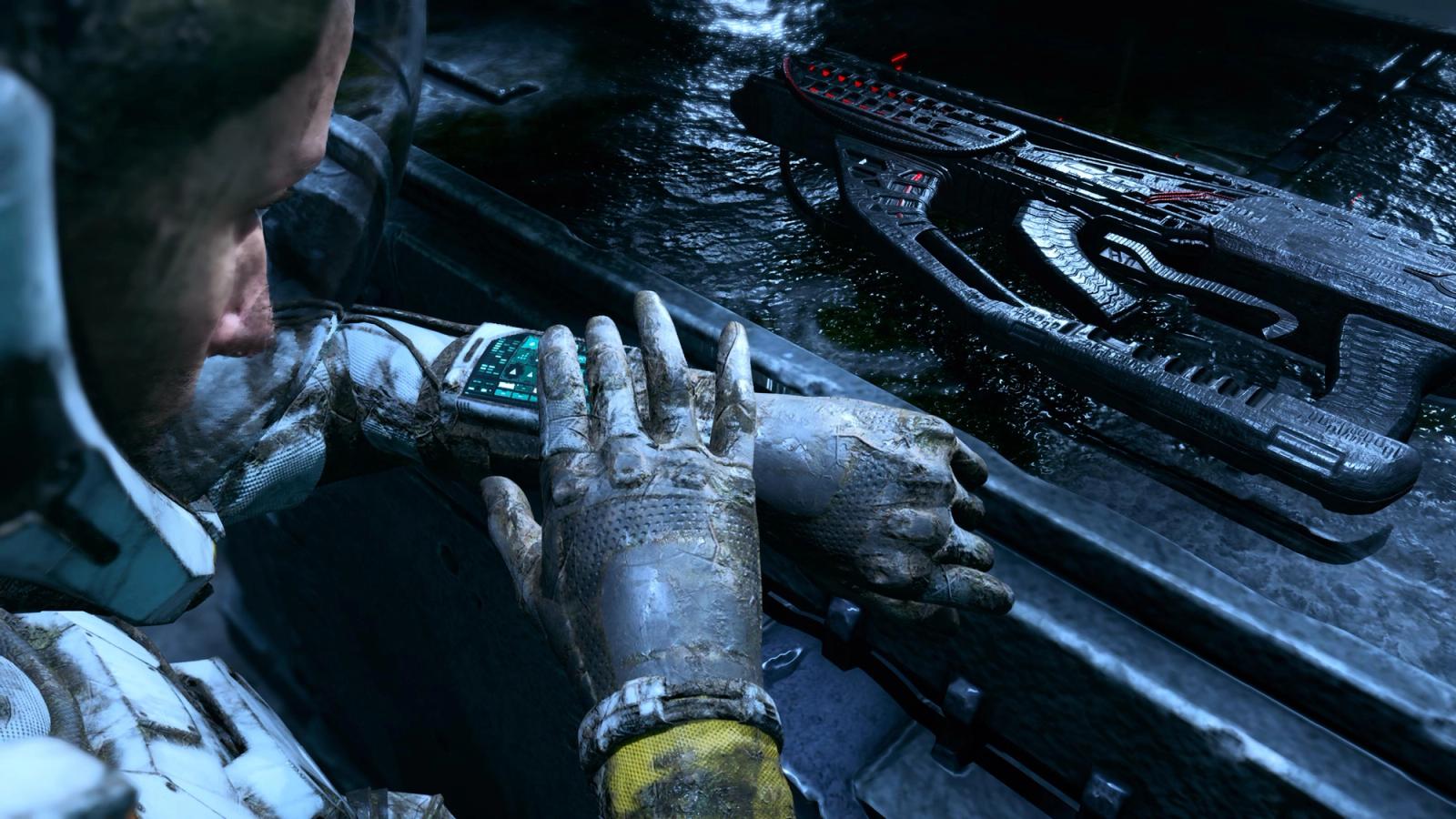 Selene takes a look at her suit system wrist monitor display in Returnal