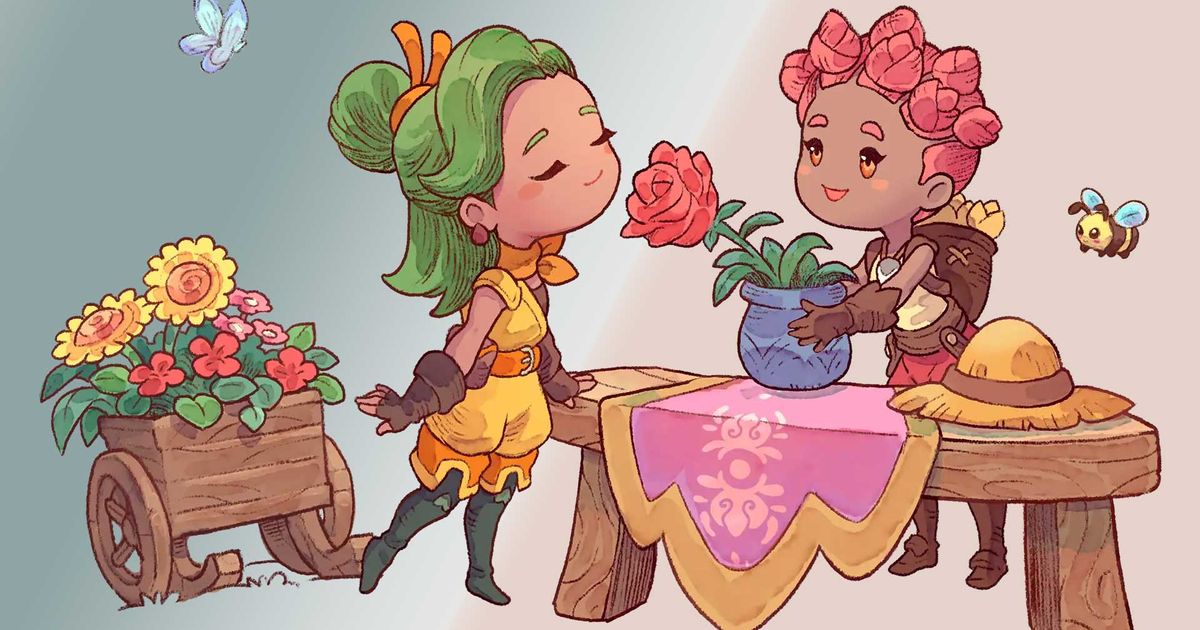 Promotional artwork showing two Fae Farm characters interacting.