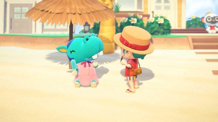A player with villager Bertha, who has an April birthday in Animal Crossing: New Horizons.