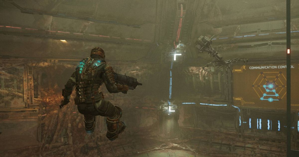 Isaac Clarke floating in mid-air while fixing the comms array in the Dead Space remake.