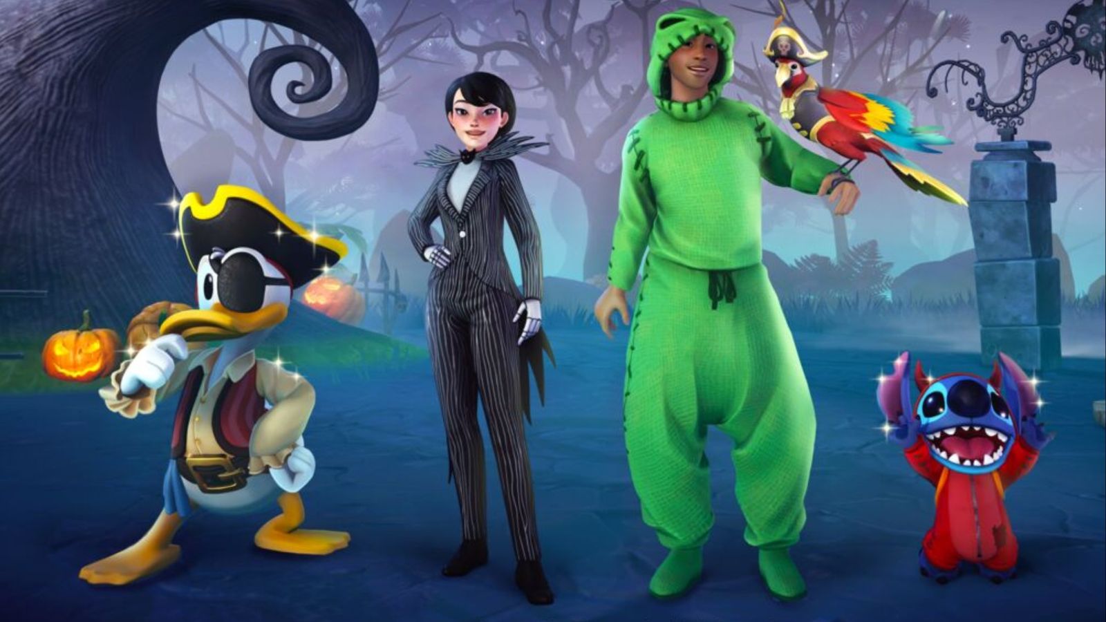 Donald Duck, Stitch, and two player characters wearing Disney-inspired outfits in Disney Dreamlight Valley