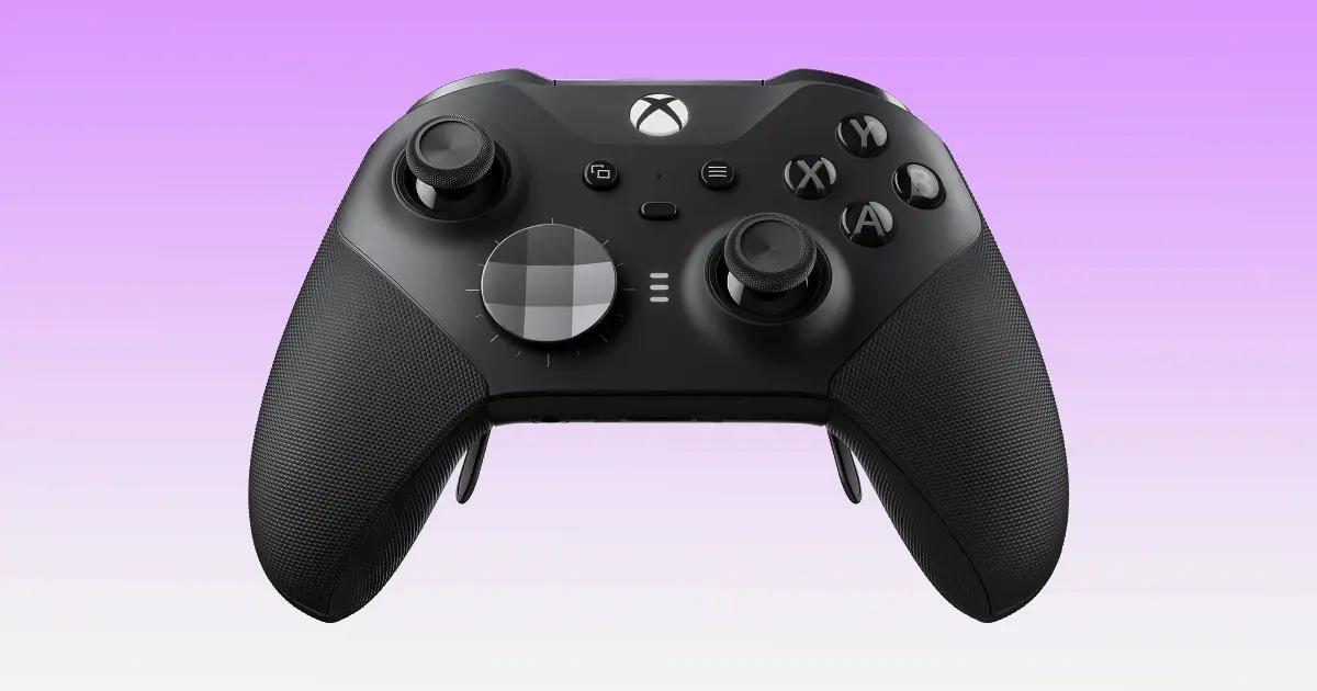 A black Xbox Elite Series 2 controller in front of a purple and white gradient background.